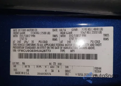 2017 Ford Escape Se from USA, damaged, VIN 1FMCU9G93HUA28773